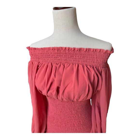 Hyfve off the shoulder balloon sleeve woven mini dress, size small, coral - Picture 4 of 10